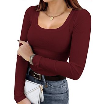 Zeagoo Plus Size Women's Long Sleeve Scoop Neck Ribbed Slim Fit Crop Tops
