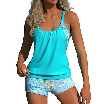 Women's 2 pc Tankini Set - Blouson Top with Side Cutout & High-Waisted Boyshorts
