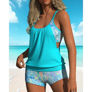 Women's 2-Piece Tankini Set - Blouson Top with Side Cutout & High-Waisted Boyshorts