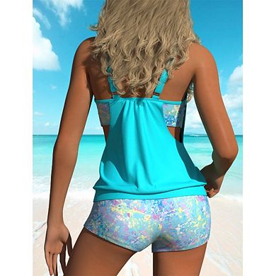 Women's 2-Piece Tankini Set - Blouson Top with Side Cutout & High-Waisted Boyshorts