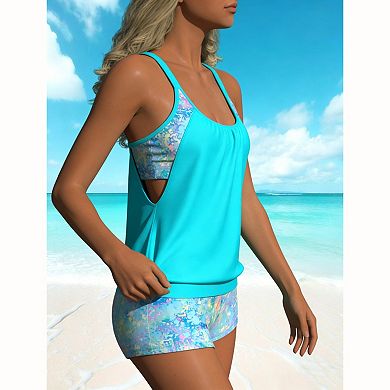 Women's 2-Piece Tankini Set - Blouson Top with Side Cutout & High-Waisted Boyshorts