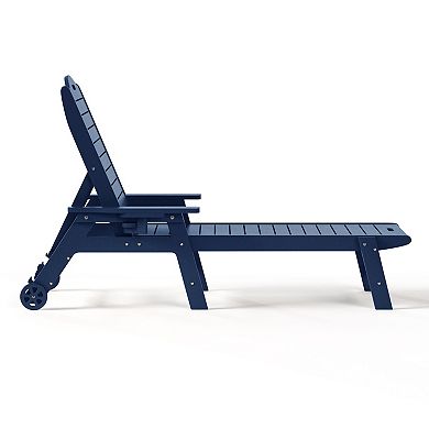Outdoor HDPE Patio Chaise Lounge With Wheels & Cup Holder