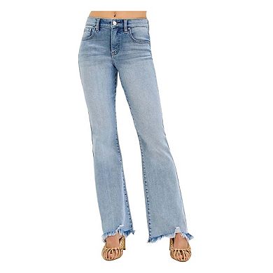 RISEN Full Size Tummy Control Mid Rise Flare Jeans with Fray Hem Detailed Plus Size