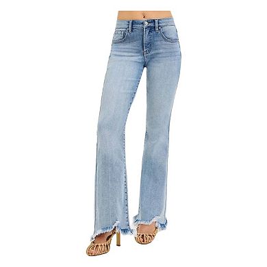 RISEN Full Size Tummy Control Mid Rise Flare Jeans with Fray Hem Detailed Plus Size