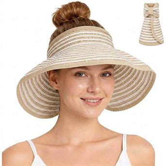 Women's Roll-Up Straw Visor Hat Wide Brim Striped Sun Hat Bow Adjustable Open Top Beach Cap