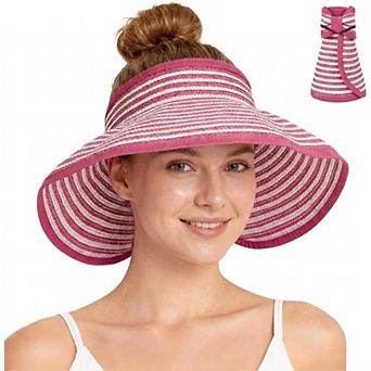 Women's Roll-Up Straw Visor Hat Wide Brim Striped Sun Hat Bow Adjustable Open Top Beach Cap