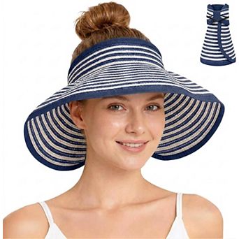 Women's Roll-Up Straw Visor Hat Wide Brim Striped Sun Hat Bow Adjustable Open Top Beach Cap