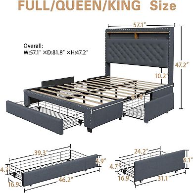 Bed Frame with Storage Drawers and Charging Station, 2 Tier Storage Headboard, LED Lights