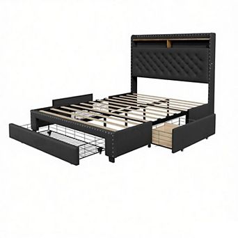 Bed Frame with Storage Drawers and Charging Station, 2 tier Storage Headboard, LED Lights
