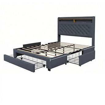 Bed Frame with Storage Drawers and Charging Station, 2 tier Storage Headboard, LED Lights