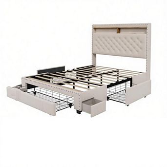 Bed Frame with Storage Drawers and Charging Station, 2 tier Storage Headboard, LED Lights