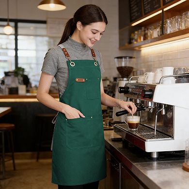 Cotton Kitchen Apron with Cross Back Straps Multi Pocket Utility Apron for Cooking Baking Craft