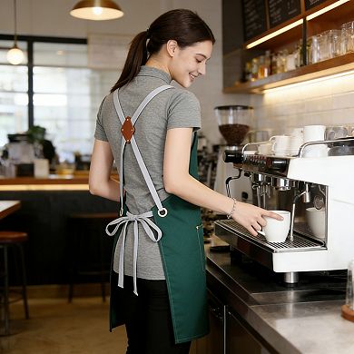 Cotton Kitchen Apron with Cross Back Straps Multi Pocket Utility Apron for Cooking Baking Craft