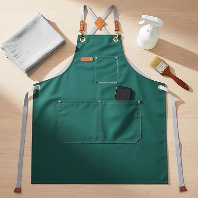 Cotton Kitchen Apron with Cross Back Straps Multi Pocket Utility Apron for Cooking Baking Craft