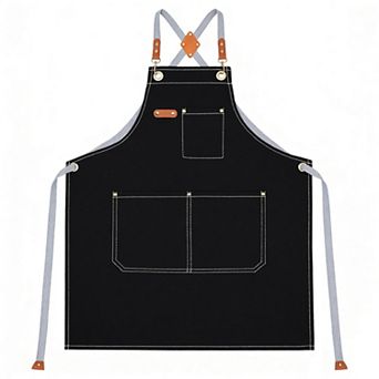 Cotton Kitchen Apron with Cross Back Straps Multi Pocket Utility Apron for Cooking Baking Craft