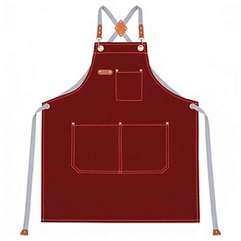 Cotton Kitchen Apron with Cross Back Straps Multi Pocket Utility Apron for Cooking Baking Craft