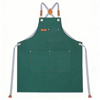 Cotton Kitchen Apron with Cross Back Straps Multi Pocket Utility Apron for Cooking Baking Craft