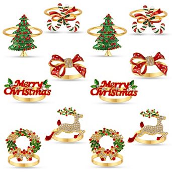 Christmas Napkin Rings Set of 12 Metal Rhinestone Holders for Holiday Table Decor