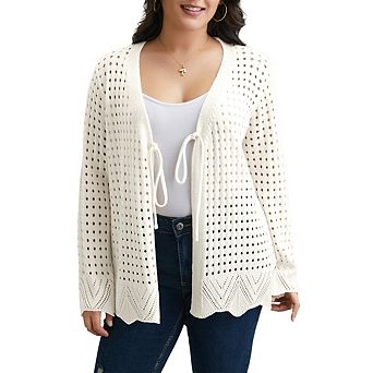 Women's Plus Size Cardigan Bow Tie Hollow Out Cardigans Sweaters Sheer Crochet Knit Outwear