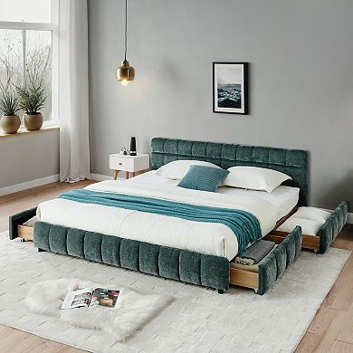 Pnronnc CAL King Platform Bed, Grounded Upholstered Bed Frame with Headboard & Under-Bed Storage