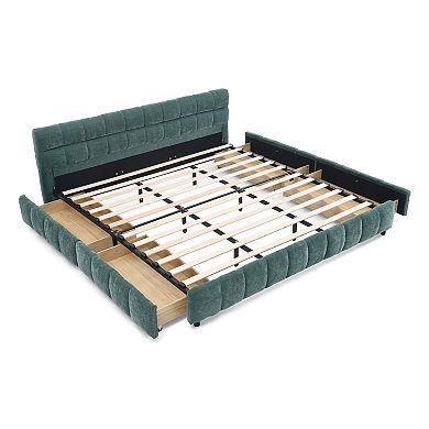Pnronnc CAL King Platform Bed, Grounded Upholstered Bed Frame with Headboard & Under-Bed Storage