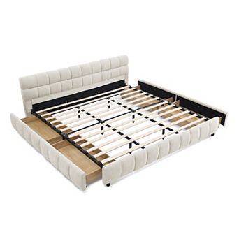 Pnronnc CAL King Platform Bed, Grounded Upholstered Bed Frame with Headboard & Under-Bed Storage
