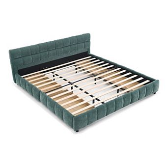 Pnronnc CAL King Platform Bed, Grounded Upholstered Bed Frame with Headboard & Under-Bed Storage