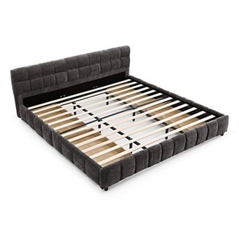 Pnronnc CAL King Platform Bed, Grounded Upholstered Bed Frame with Headboard & Under-Bed Storage