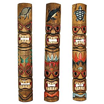 Set of 3 Tiki Mask Ocean Animal Totem Hand Carved Wall Decor Sculpture 40 Inch