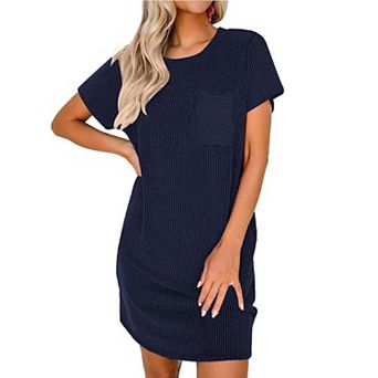 Ekouaer Ladies Sleepwear Casual Night Shirt Stretchy Viscose Sleep Dress with Pocket Loungewear