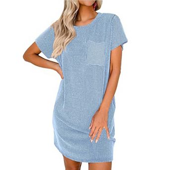 Ekouaer Ladies Sleepwear Casual Night Shirt Stretchy Viscose Sleep Dress with Pocket Loungewear
