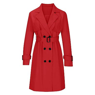 Women's Double Breasted Trench Coat Mid Length Lapel Windbreaker Overcoat with Pockets