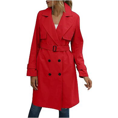 Women's Double Breasted Trench Coat Mid Length Lapel Windbreaker Overcoat with Pockets