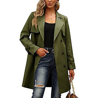 Women's Double Breasted Trench Coat Mid Length Lapel Windbreaker Overcoat with Pockets
