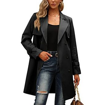 Women's Double Breasted Trench Coat Mid Length Lapel Windbreaker Overcoat with Pockets