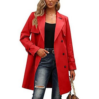 Women's Double Breasted Trench Coat Mid Length Lapel Windbreaker Overcoat with Pockets