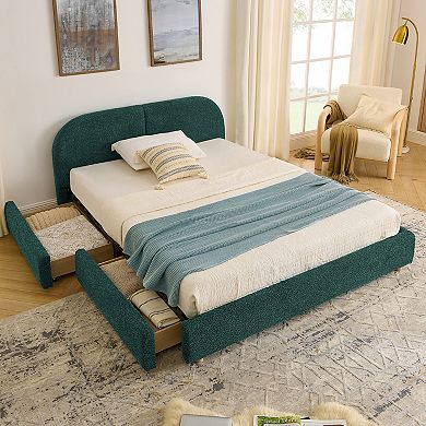 Pnronnc Queen Upholstered Platform Bed Frame Circle Yarn Fabric Curved Headboard, 4 Wheeled Drawers