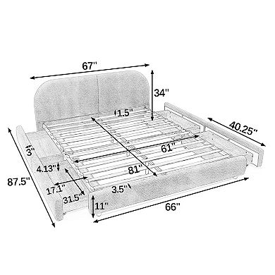 Pnronnc Queen Upholstered Platform Bed Frame Circle Yarn Fabric Curved Headboard, 4 Wheeled Drawers