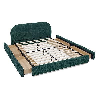 Pnronnc Queen Upholstered Platform Bed Frame Circle Yarn Fabric Curved Headboard, 4 Wheeled Drawers