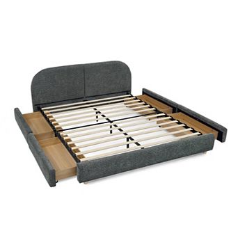 Pnronnc Queen Upholstered Platform Bed Frame Circle Yarn Fabric Curved Headboard, 4 Wheeled Drawers
