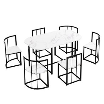 Pnronnc 7 pc Dining Table Set, Modern Faux Marble Kitchen Table Set for 6