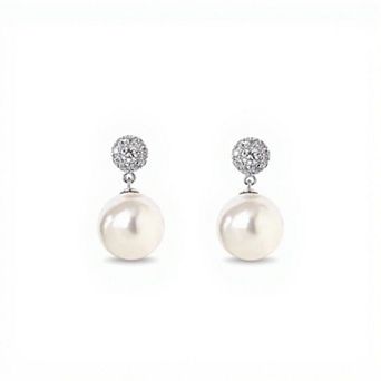 Women's Classic Pearl Drop Earrings with Round Rhinestone Stud Top