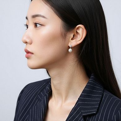 Women's Classic Pearl Drop Earrings with Round Rhinestone Stud Top