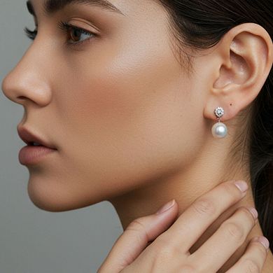 Women's Classic Pearl Drop Earrings with Round Rhinestone Stud Top