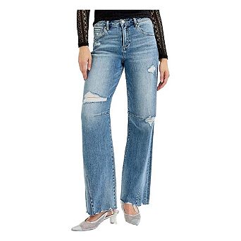 RISEN Full Size Mid Rise Fit Wide Baggy Leg Tie Washed Jeans Plus Size