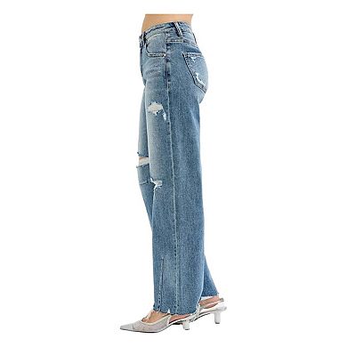 RISEN Full Size Mid Rise Fit Wide Baggy Leg Tie Washed Jeans Plus Size