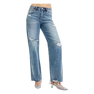 RISEN Full Size Mid Rise Fit Wide Baggy Leg Tie Washed Jeans Plus Size