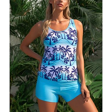 Women's 2-Piece Tankini Set - Tropical Palm Tree Print Cami Top & High-Waisted Boyshorts