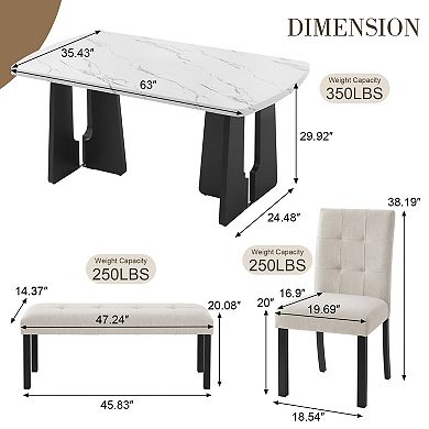Pnronnc 6-Piece Modern Dining Table Set, Kitchen Table Set with Faux Marble Table, 4 Chairs & Bench