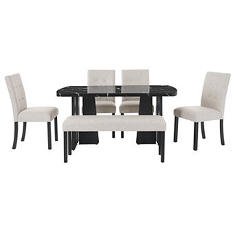 Pnronnc 6 pc Modern Dining Table Set, Kitchen Table Set with Faux Marble Table, 4 Chairs & Bench